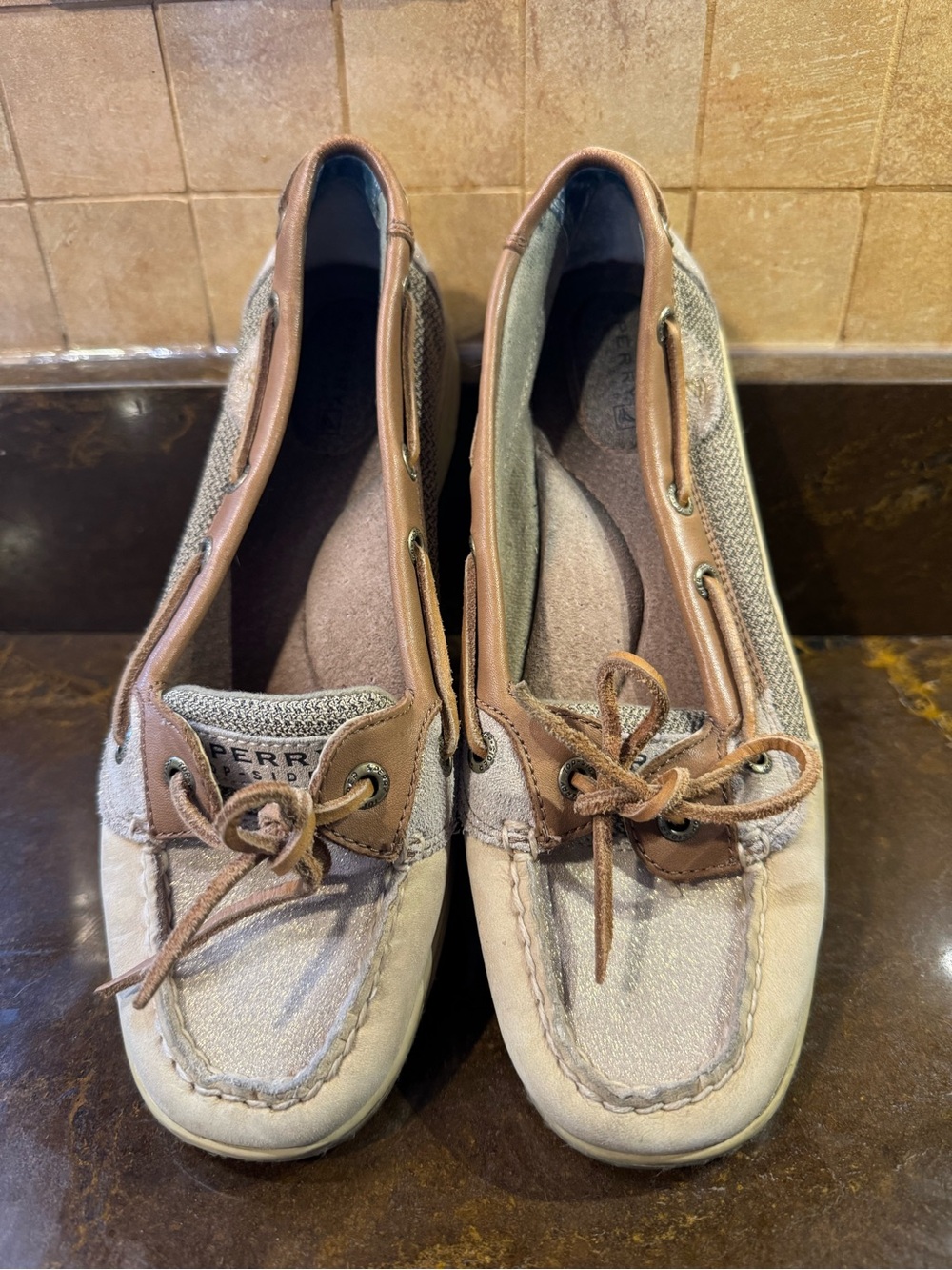 Sperry Top Sider Loafers Womens Beige 7 Leather Boat Shoes Sparkle STS90090